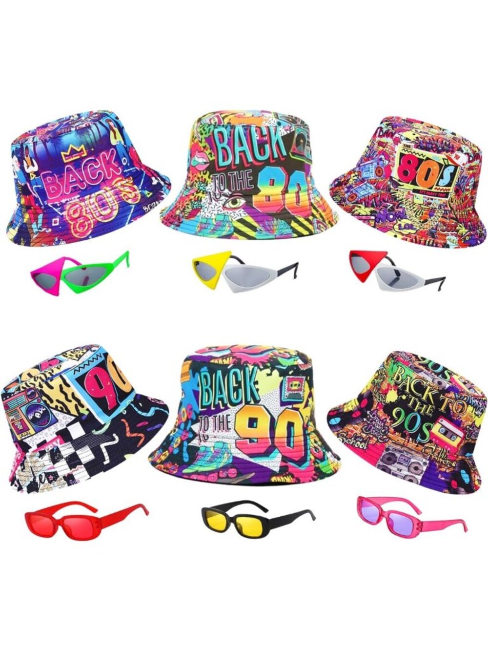 12 Retro 80s 90s Bucket Hats & Neon Sunglasses Set for Parties, Photo Booth